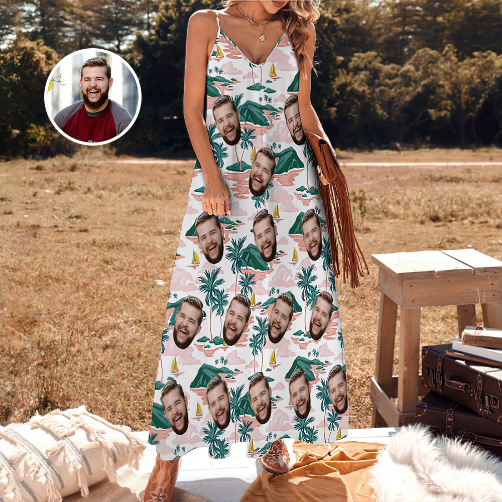 Custom Face Sling Hawaiian Style Long Dress Blue Flamingo Tropical Hawaiian Dress - MyFaceSocks