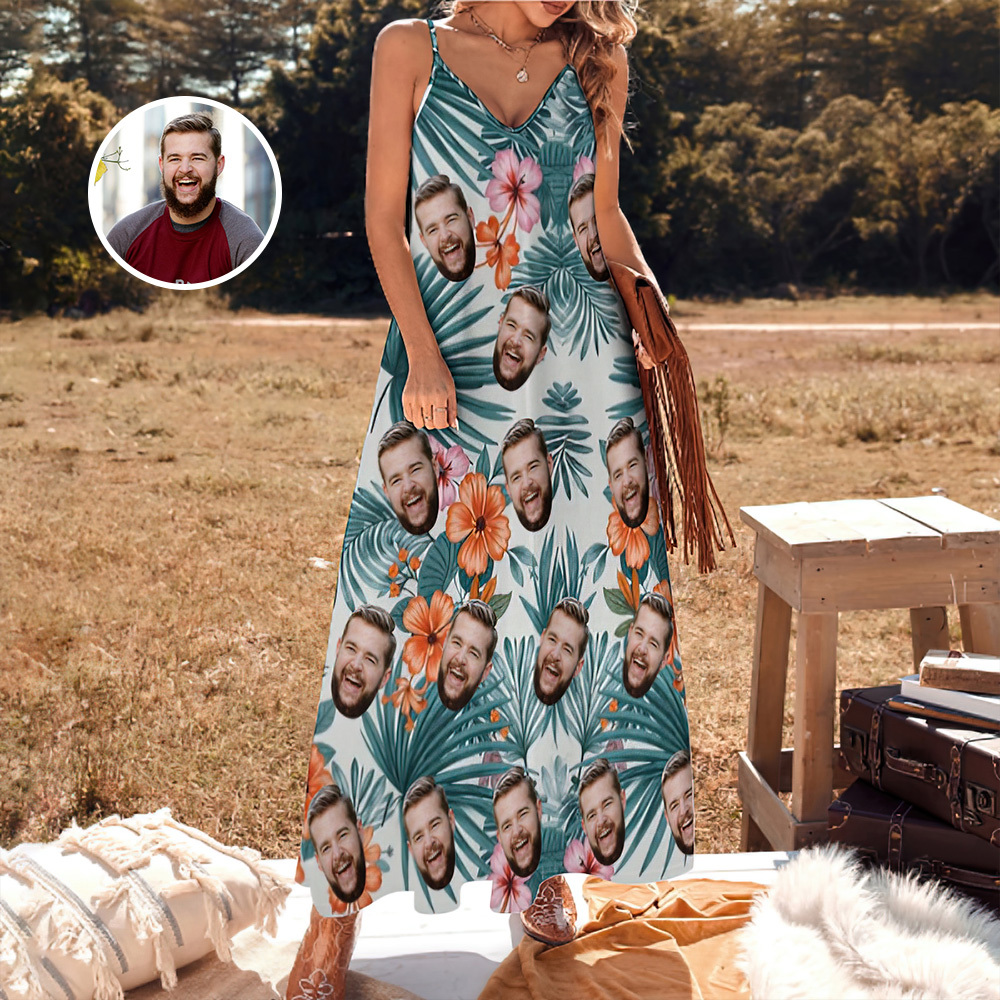 Custom Face Sling Hawaiian Style Long Dress Blue Flamingo Tropical Hawaiian Dress - MyFaceSocks