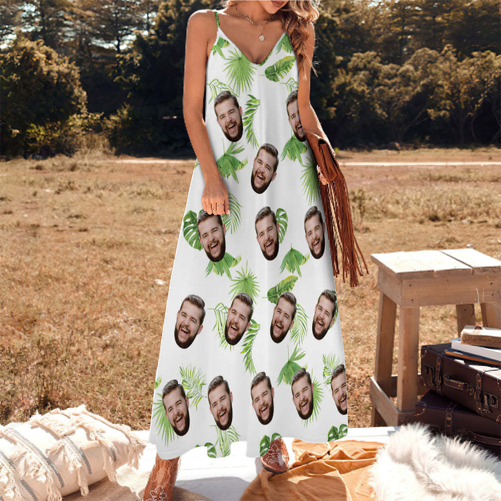 Custom Face Hawaiian Style Fresh Palm Leaves Long Dress And Shirt Couple Outfit - MyFaceSocks