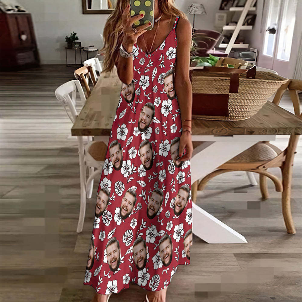Custom Face Hawaiian Style Red Long Dress And Shirt Couple Outfit White Flowers Design - MyFaceSocks