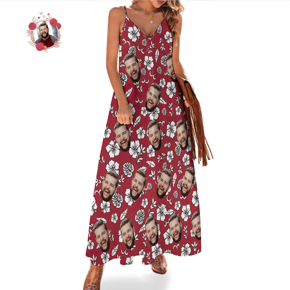 Custom Face Hawaiian Style Red Long Dress And Shirt Couple Outfit White Flowers Design - MyFaceSocks