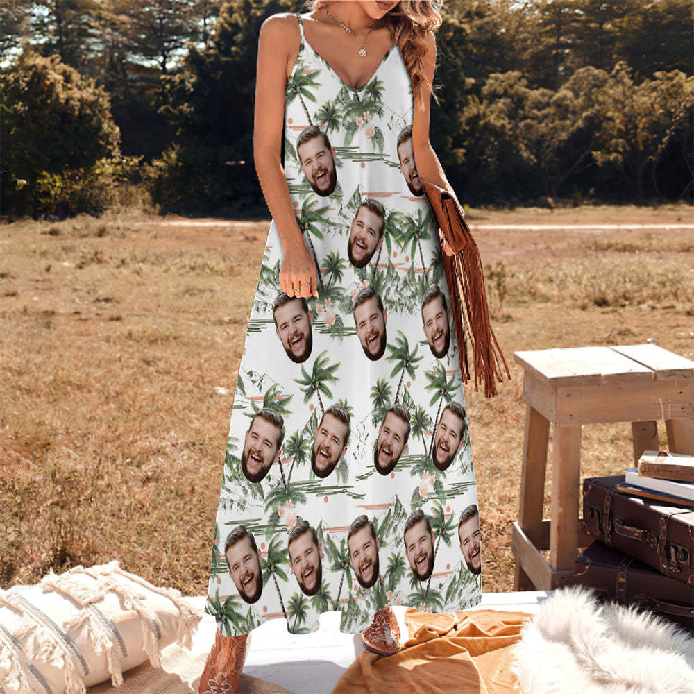 Custom Face Hawaiian Style Coconut Tree Long Dress And Shirt Couple Outfit - MyFaceSocks