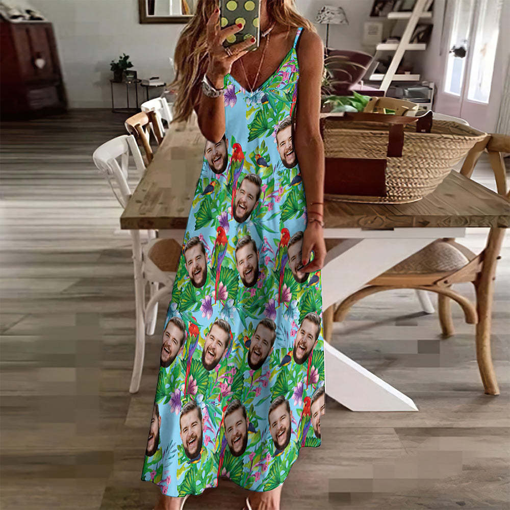 Custom Face Hawaiian Style Colorful Parrot Long Dress And Shirt Family Matching - MyFaceSocks