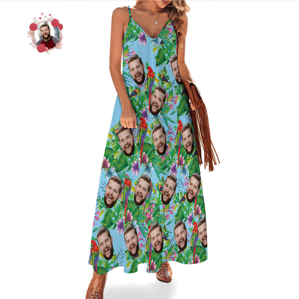 Custom Face Hawaiian Style Colorful Parrot Long Dress And Shirt Family Matching - MyFaceSocks