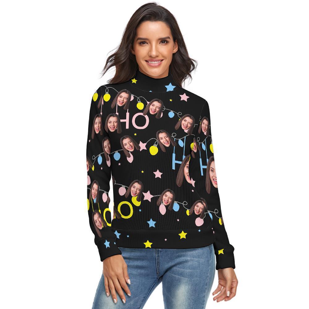 Custom Face Turtleneck for Women Christmas Sweater Knitted Loose Pullovers - Christmas Lights