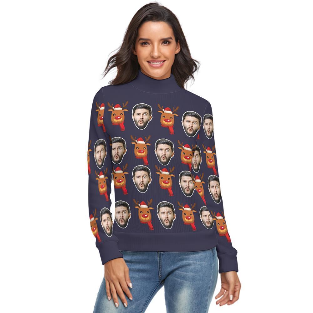 Custom Face Turtleneck for Women Christmas Sweater Knitted Loose Pullovers - Christmas Rudolph