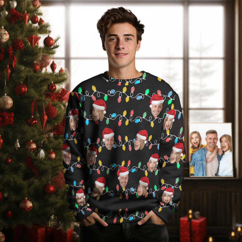 Custom Face Men's Round Neck Sweater Photo Christmas Family Xmas Leds Sweaters - MyFaceSocks