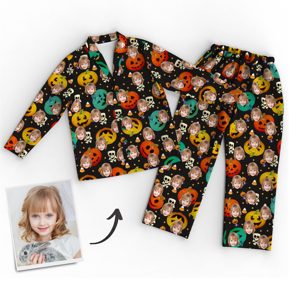 Custom Face Pumpkin Skeleton Pajamas Halloween For Children - MyFaceSocks