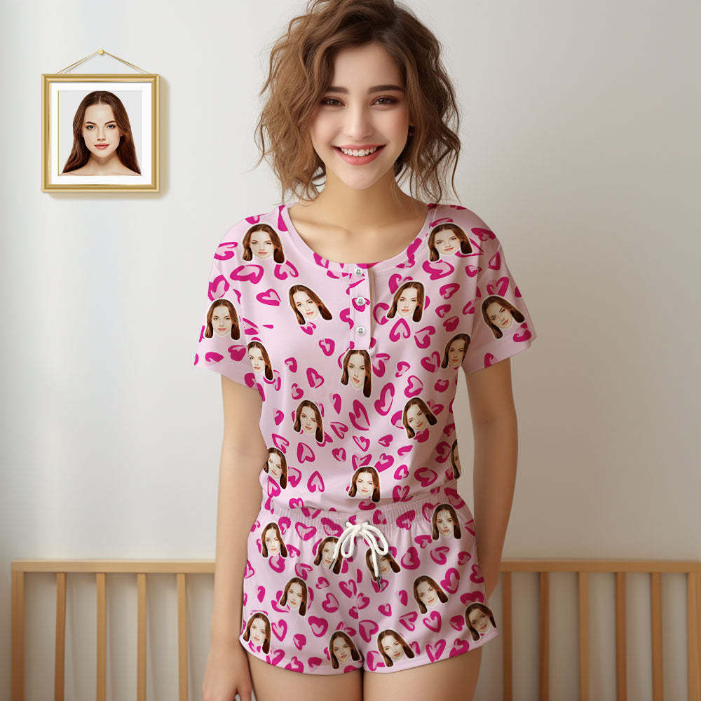 Custom Face Pajamas Women Blue Short Pajama Set Gift Pink Heart - MyFaceSocks