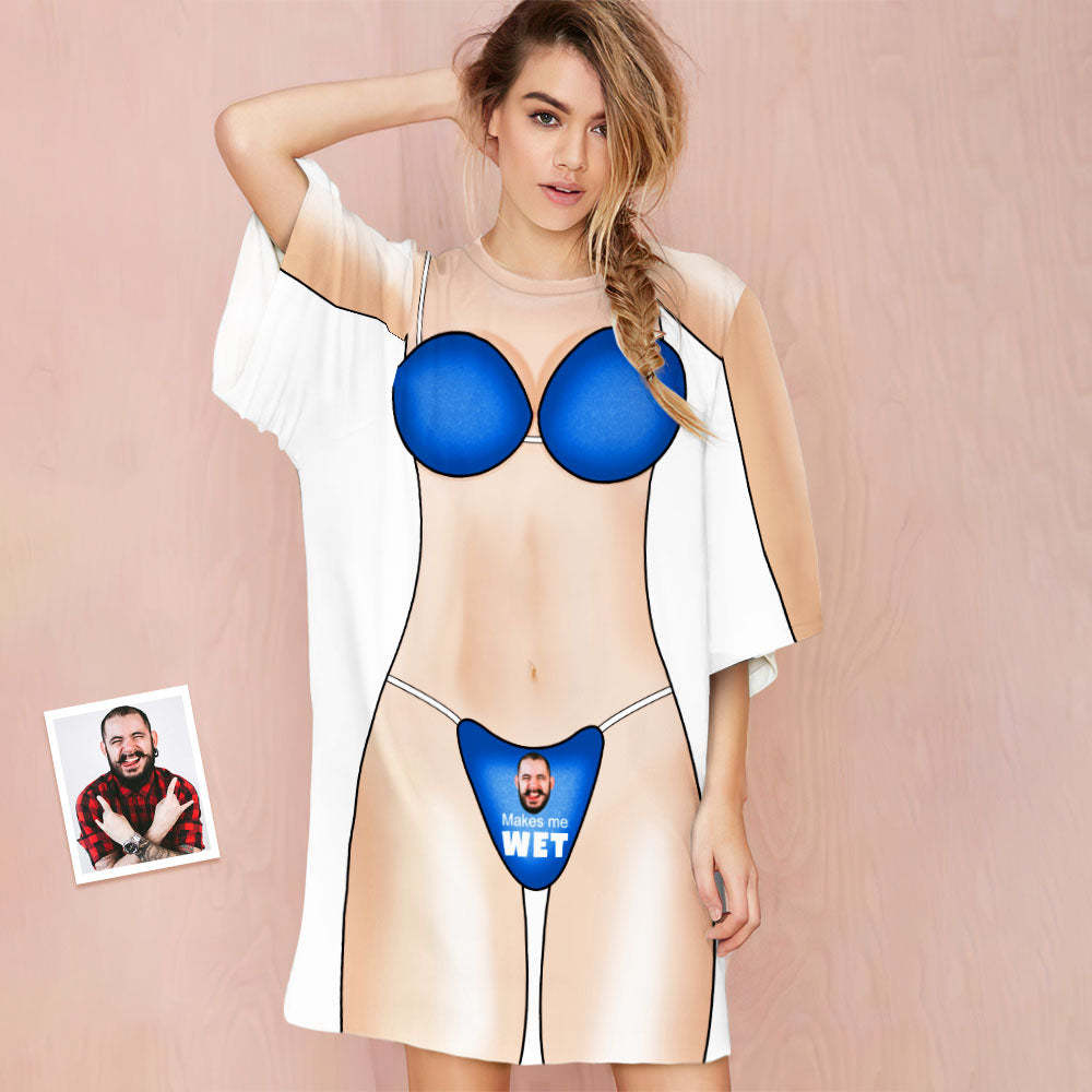 Custom Face Blue Nightdress Makes Me Wet Naughty Personalized Pyjamas - MyFaceSocks