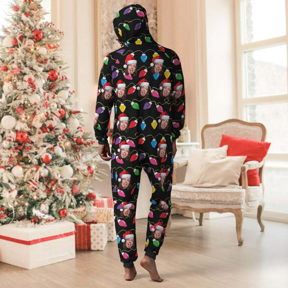 Custom Face Christmas Lights Printed Flannel Fleece Onesie Pajamas Personalized Face Jumpsuit Homewear Christmas Gift - MyFaceSocks