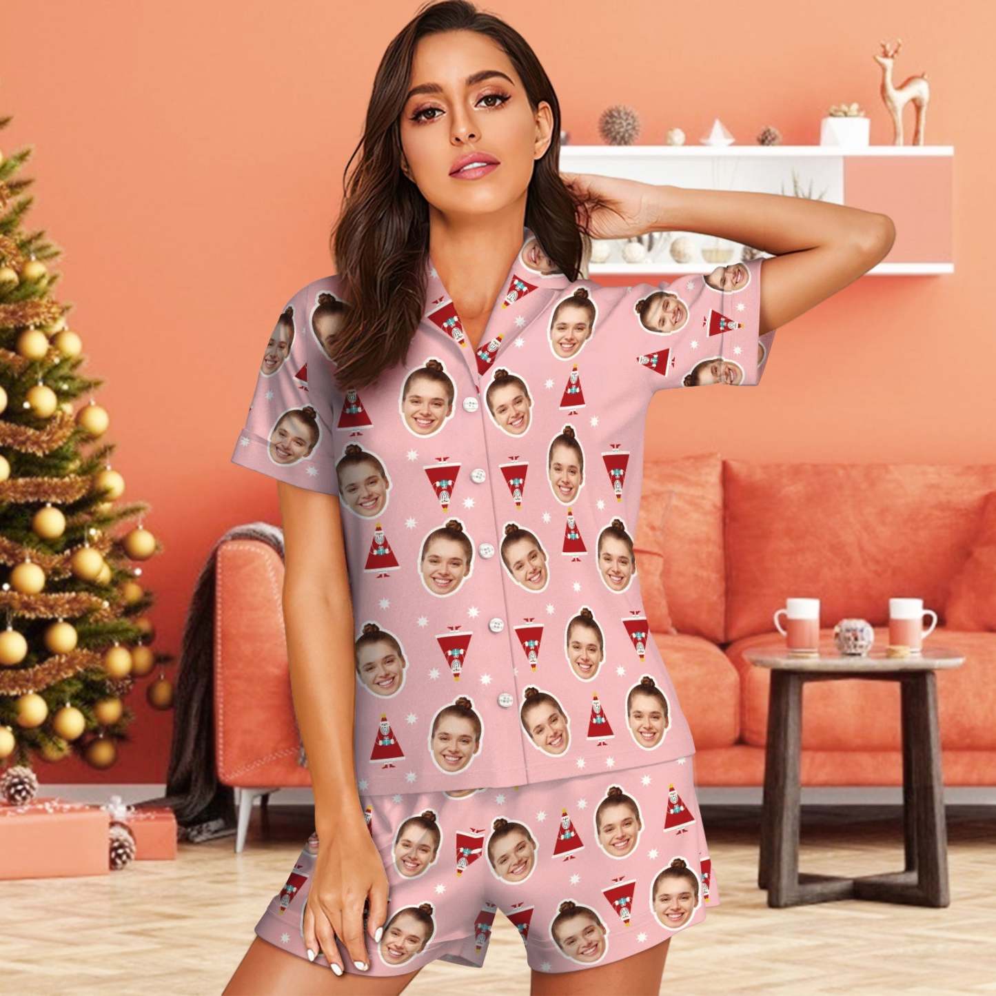 Custom Pink Face Pajamas Cute Santa Claus Pajamas - MyFaceSocks