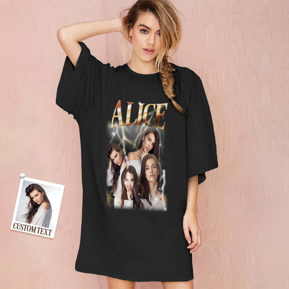 Custom Photo Vintage Nightdress Personalized Name Women's Oversized Colorful Nightshirt Gifts For Women - MyFaceSocks