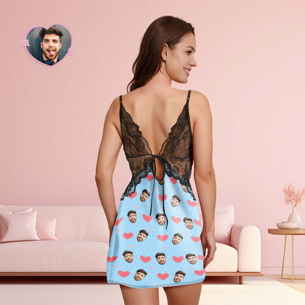 Custom Face Women Lace Sleepwear Pink Heart Personalized Photo Nightwear Valentine's Day Gift - MyFaceSocks