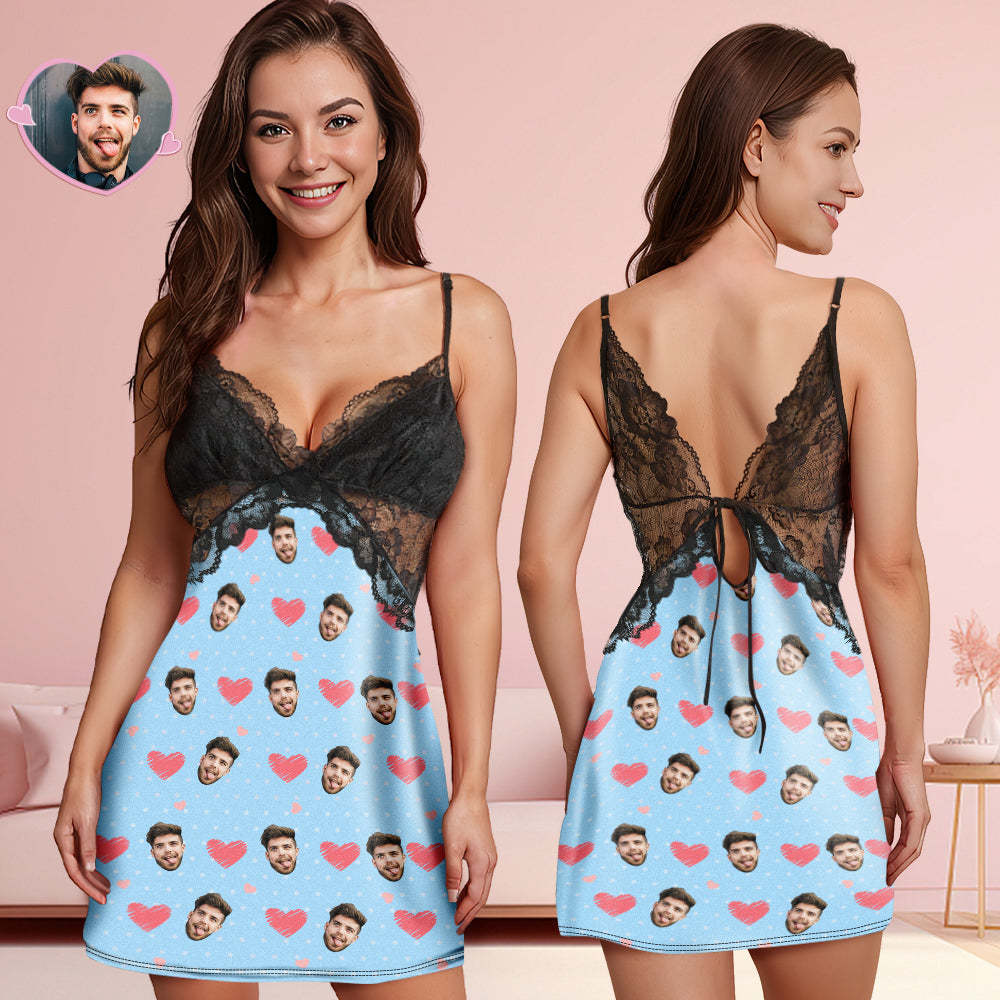 Custom Face Women Lace Sleepwear Pink Heart Personalized Photo Nightwear Valentine's Day Gift - MyFaceSocks