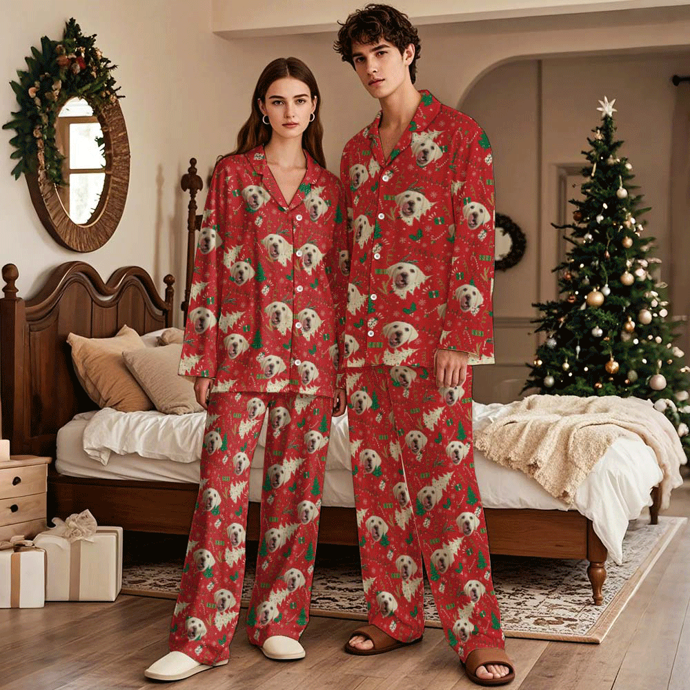 Custom Christmas Face Long Sleeve Pajamas Face Pajamas with Pet Face Personalized Photo Blue Snowflake Pajamas Gift - MyFaceSocks