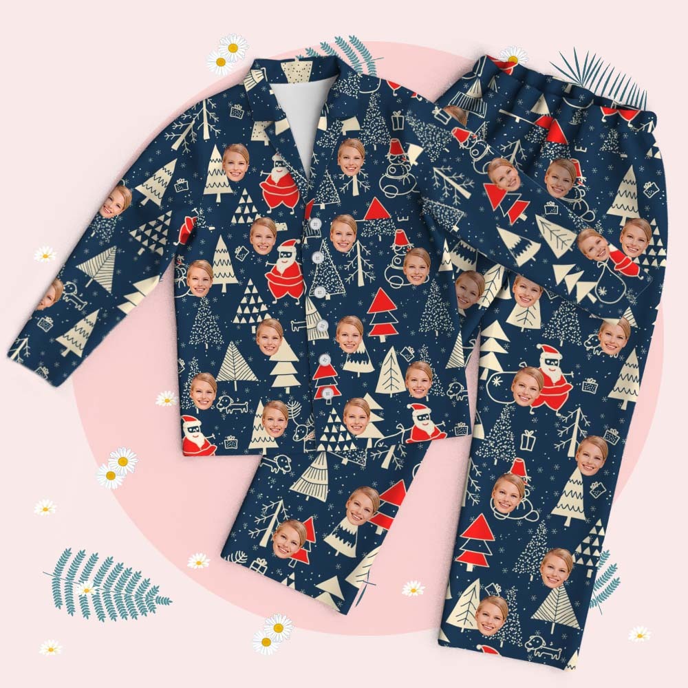 Personalized Pet Lover Face Long Sleeve Sleepwear Christmas Face Pajamas Personalized Photo Blue Santa Pajamas Gift - MyFaceSocks