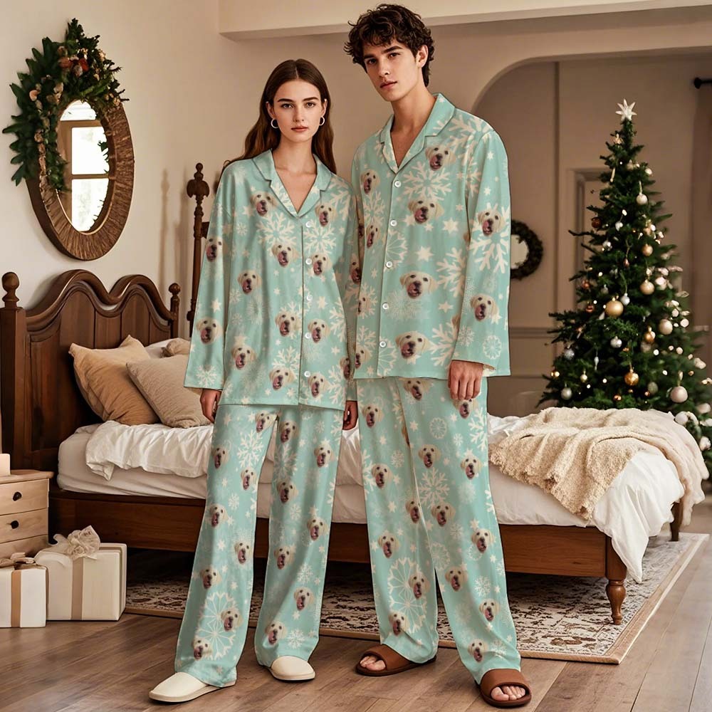 Custom Christmas Face Long Sleeve Pajamas Face Pajamas with Pet Face Personalized Photo Blue Snowflake Pajamas Gift - MyFaceSocks