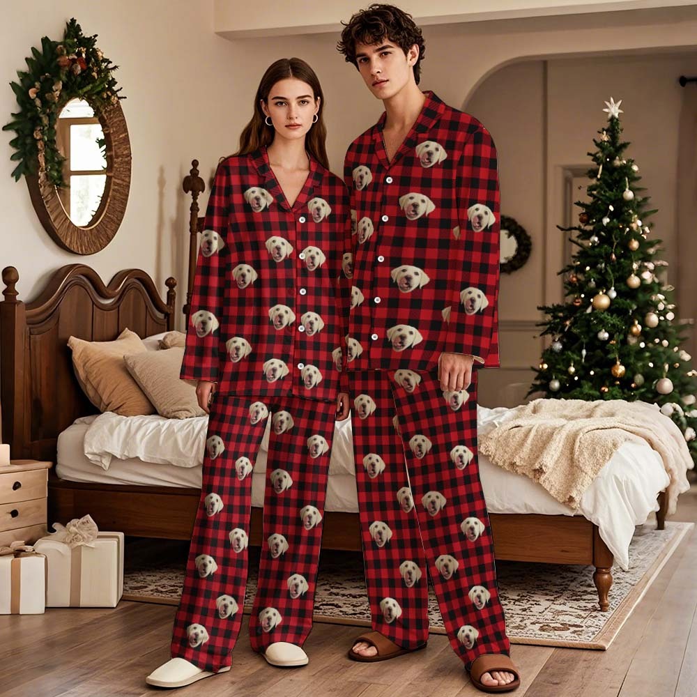 Custom Christmas Face Long Sleeve Pajamas Face Pajamas with Pet Face Personalized Photo Blue Snowflake Pajamas Gift - MyFaceSocks
