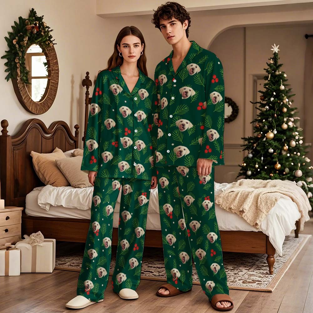 Custom Christmas Face Long Sleeve Pajamas Face Pajamas with Pet Face Personalized Photo Blue Snowflake Pajamas Gift - MyFaceSocks