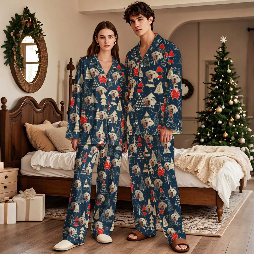 Custom Christmas Face Long Sleeve Pajamas Face Pajamas with Pet Face Personalized Photo Blue Snowflake Pajamas Gift - MyFaceSocks