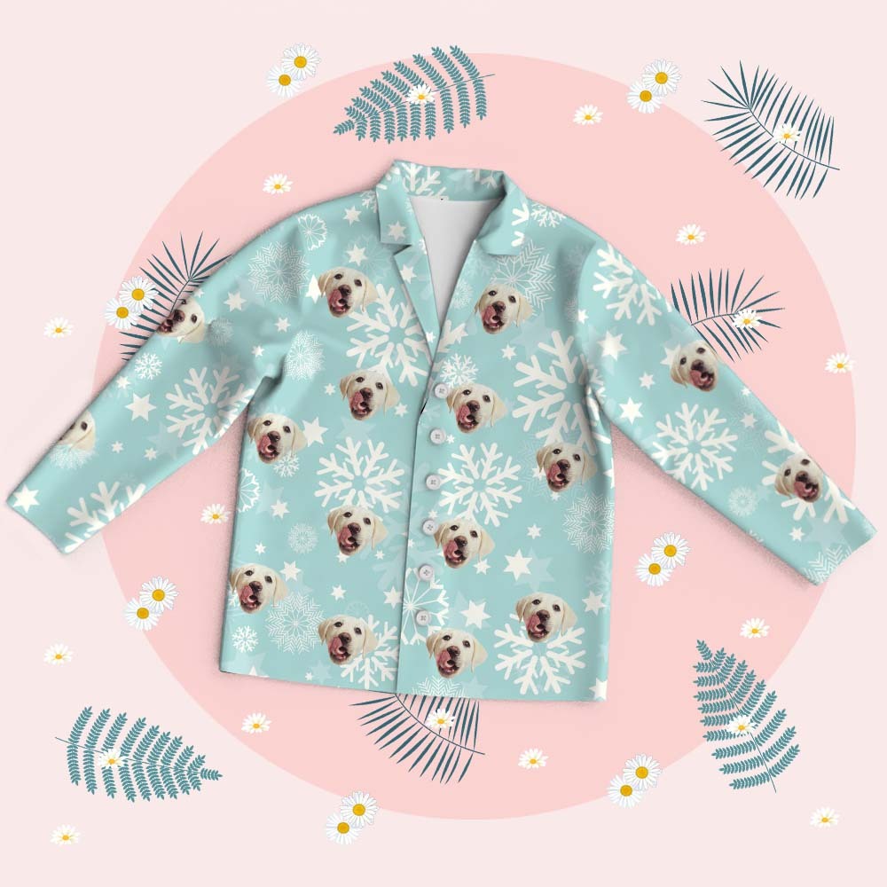 Custom Christmas Face Long Sleeve Pajamas Face Pajamas with Pet Face Personalized Photo Blue Snowflake Pajamas Gift - MyFaceSocks