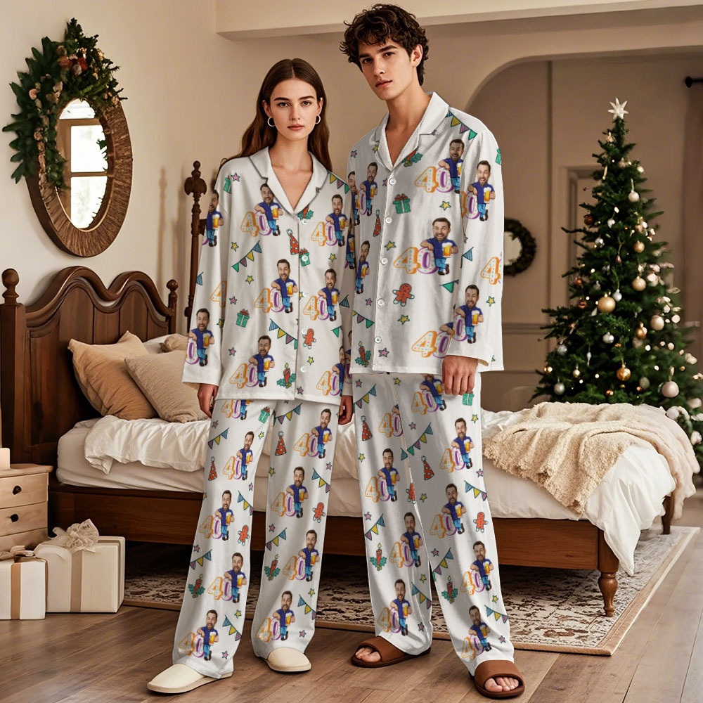 Custom Birthday Face Long Sleeve Pajamas with Beer Personalized Photo Pajamas Gift - MyFaceSocks