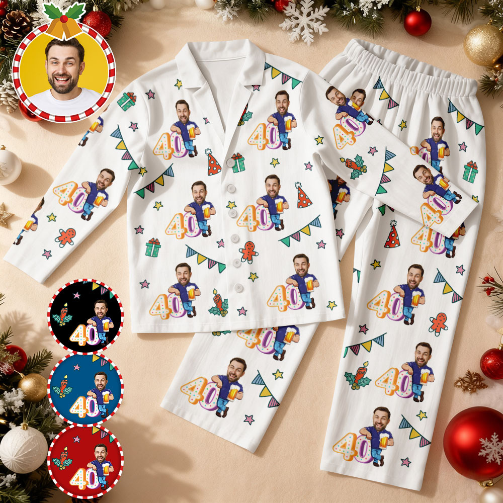 Custom Birthday Face Long Sleeve Pajamas with Beer Personalized Photo Pajamas Gift - MyFaceSocks
