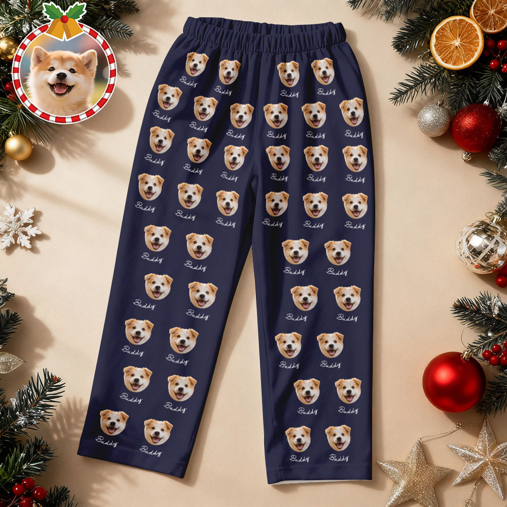 Custom Pet Face Christmas Blue Pajamas Personalized Dog Cat Long Sleev