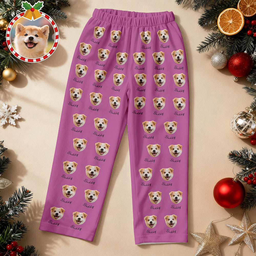 Custom Pet Face Christmas Blue Pajamas Personalized Dog Cat Long Sleeve PJs with Name Perfect Holiday Gift for Pet Lovers