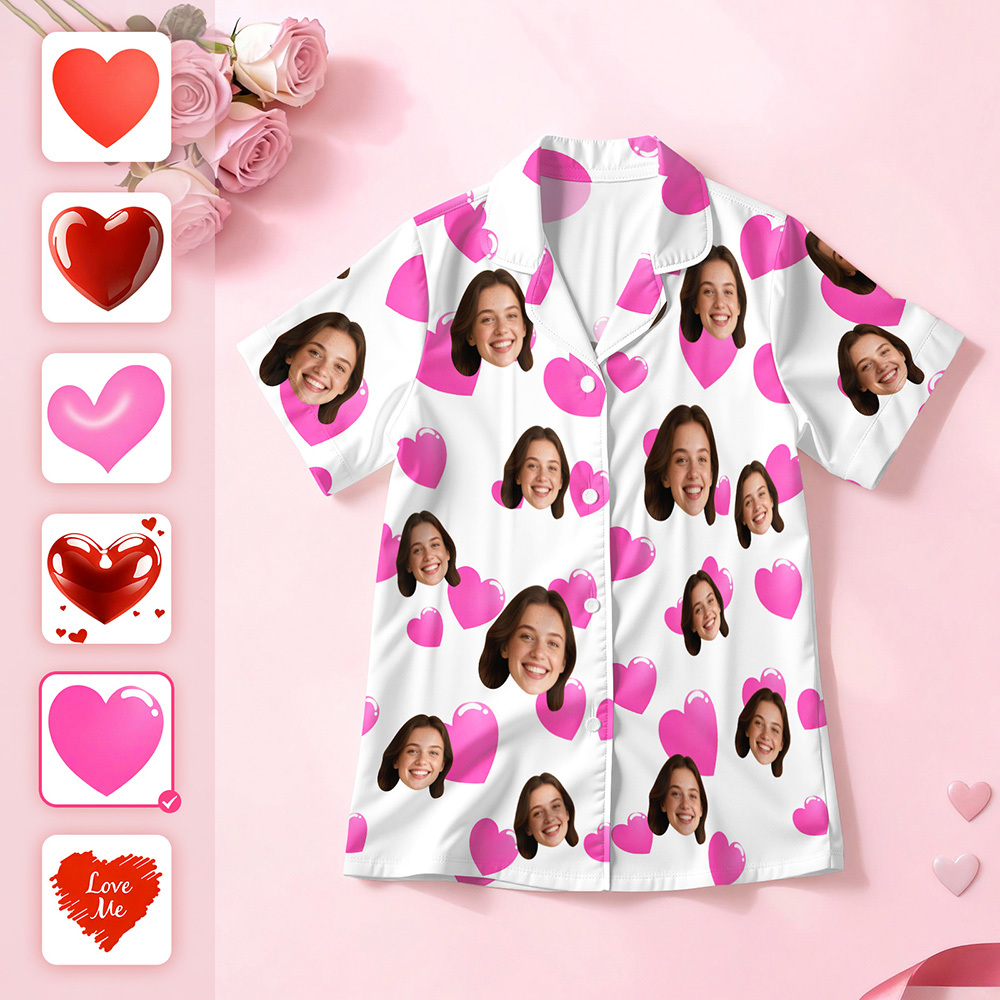 Custom Face Short Sleeve Pajamas Personalised Heart Face Couple Sleepwear Valentine Love Gifts For Her