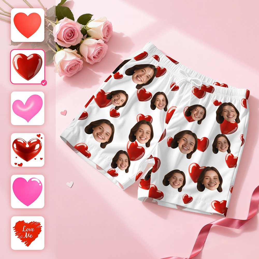 Custom Face Short Sleeve Pajamas Personalised Heart Face Couple Sleepwear Valentine Love Gifts For Her