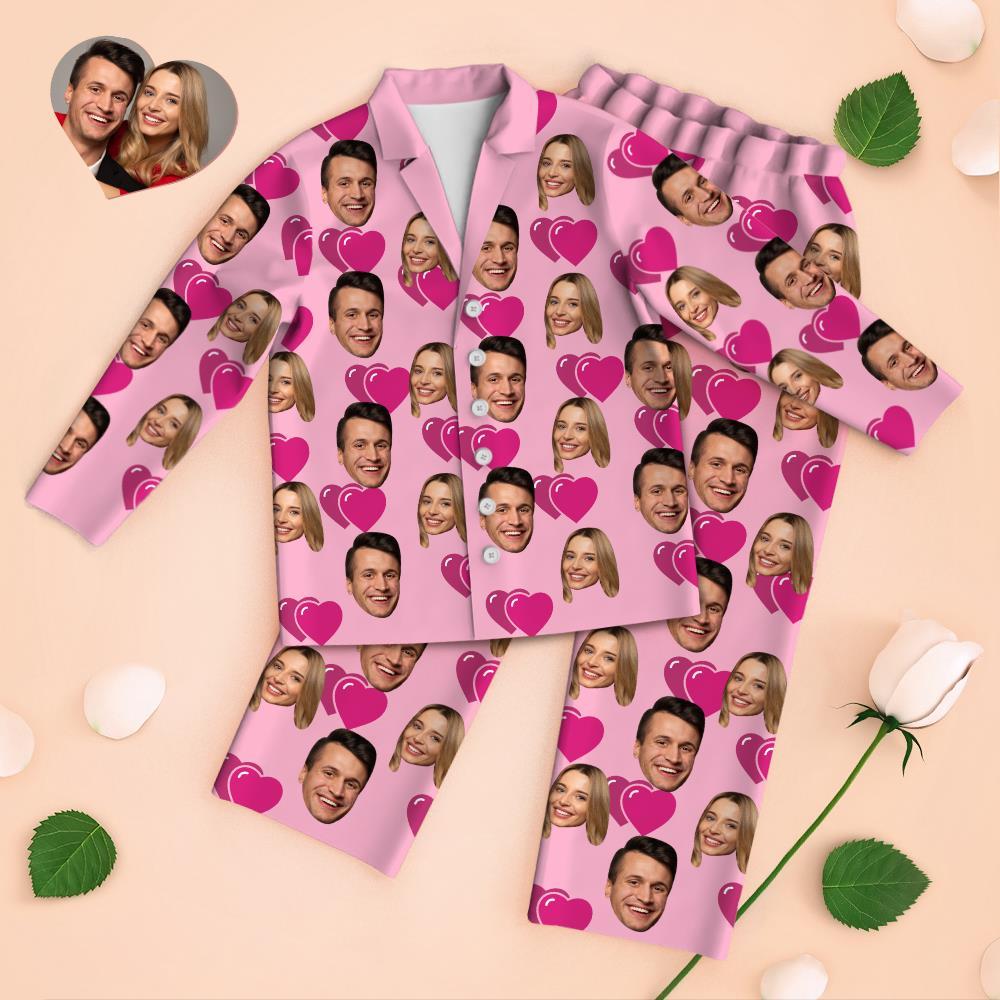 Custom Face Long Sleeve Pajamas Sleepwear Set - Double Heart