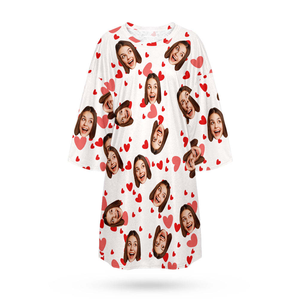 Custom Face Nightdress Personalized Photo Women's Oversized Nightshirt Red Heart Gifts For Her - MyFaceSocks