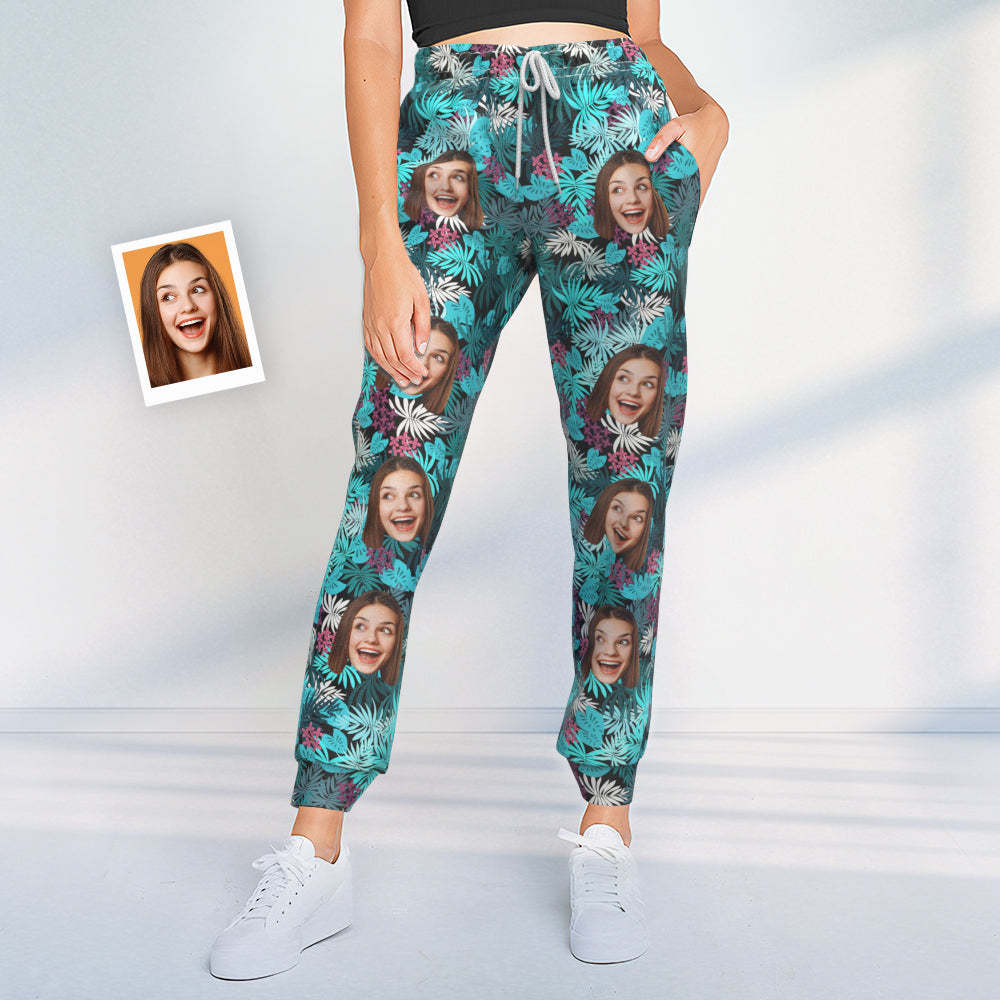 Custom Face Sweatpants Personalized Leaves Design Unisex Joggers