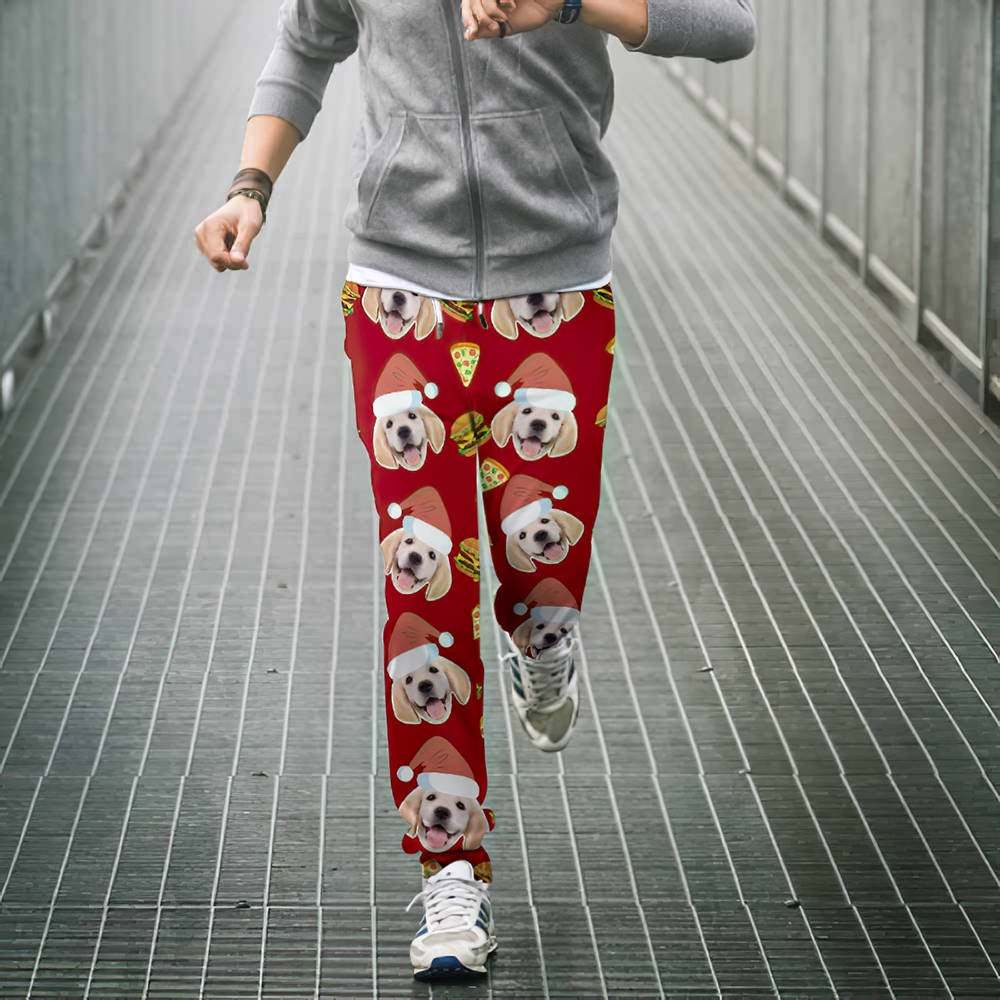 Custom Face Christmas Sweatpants Unisex Joggers with Pizza and Burger