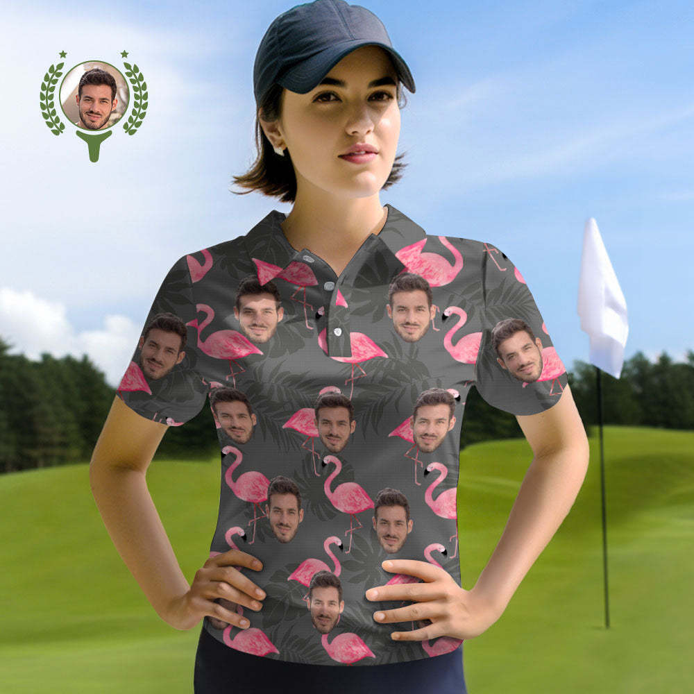 Custom Face Women Polo Shirts Personalized Flamingo and Monstera Leaves - MyFaceSocks