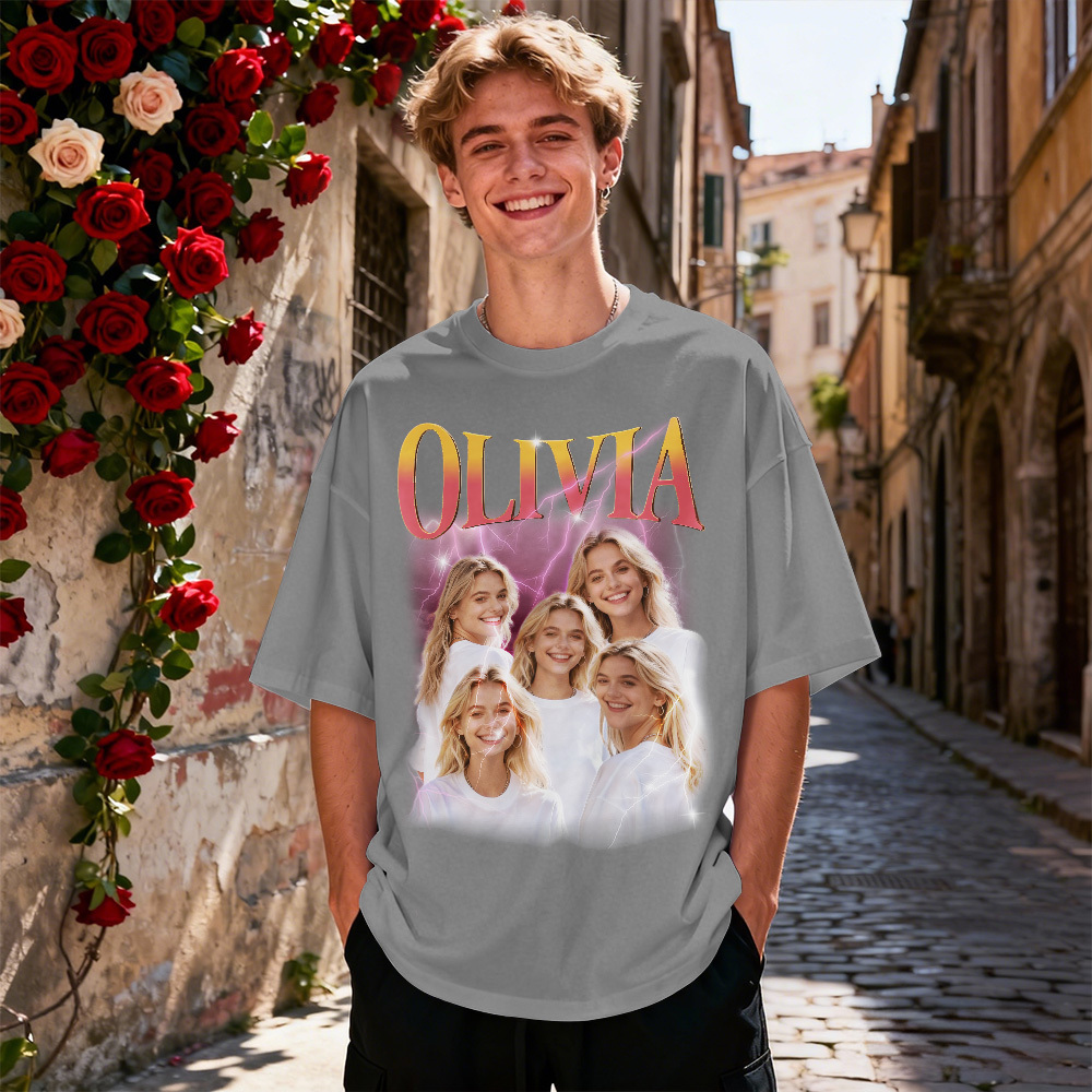 Custom Photo Vintage Tee Personalized Name T-shirt Black Boyfriend Shirt Valentine's Day Gifts