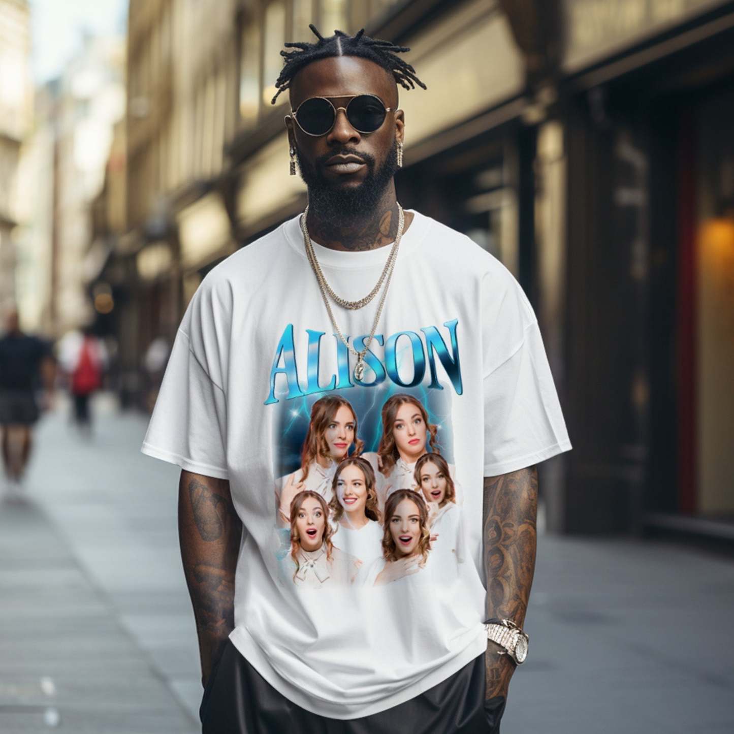 Custom Lightning Retro Photo And Name T-Shirt Special Gift For Couple - MyFaceSocks