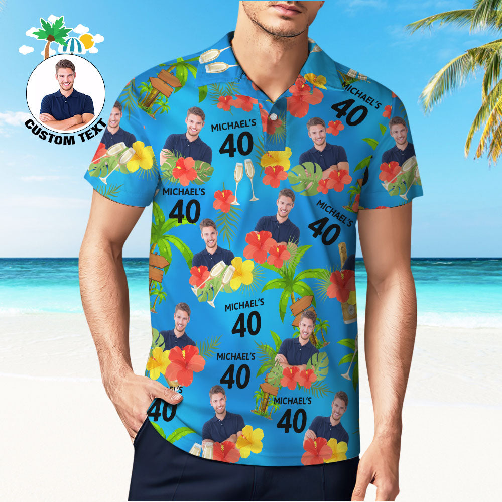 Custom Face Birthday Polo Shirt For Men Personalized Date and Name Yellow Flower And Palm Tree Polo Shirt Blue