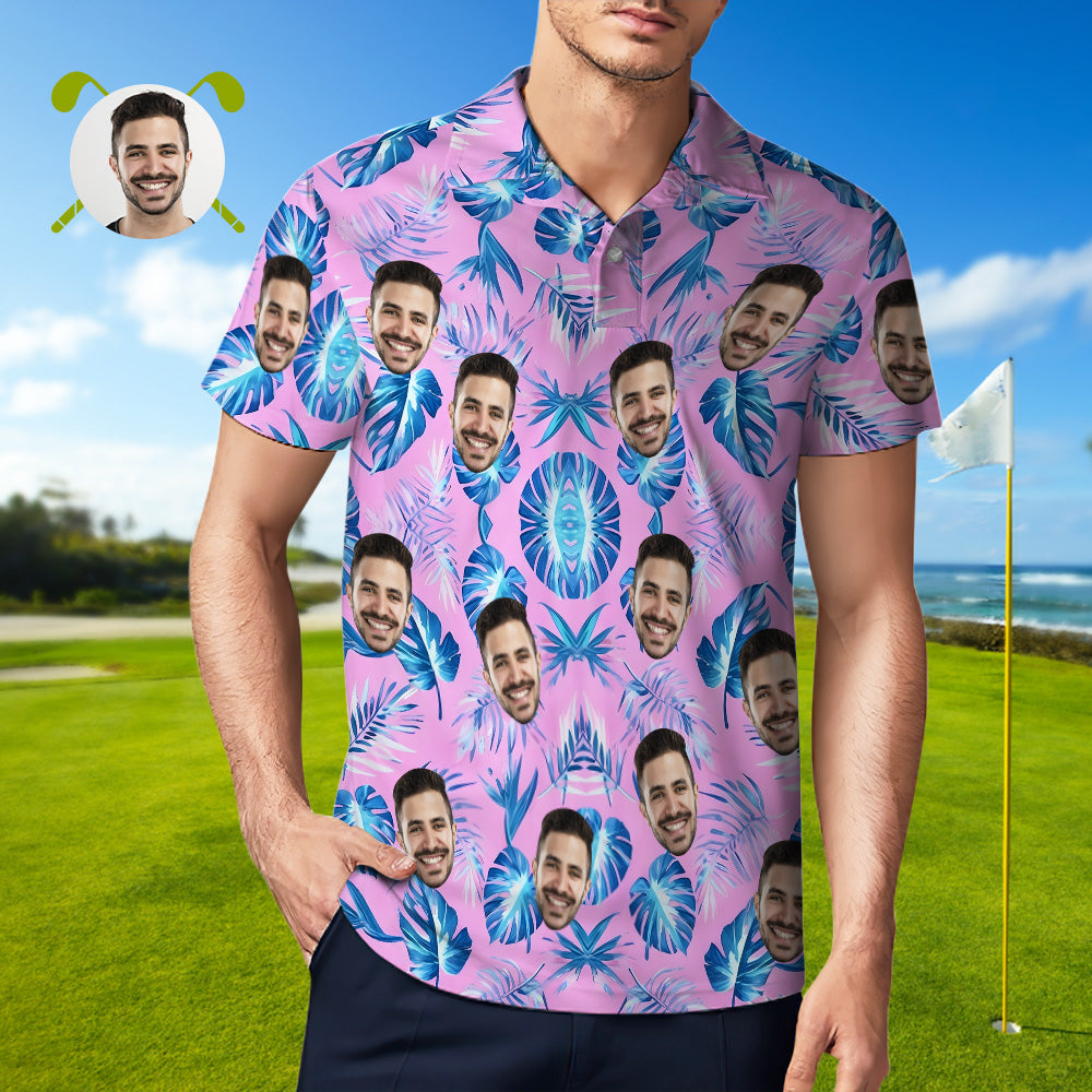 Custom Face Polo Shirt Pink Polo Shirt Blue Palm Leaf Polo Shirt Gift For Him