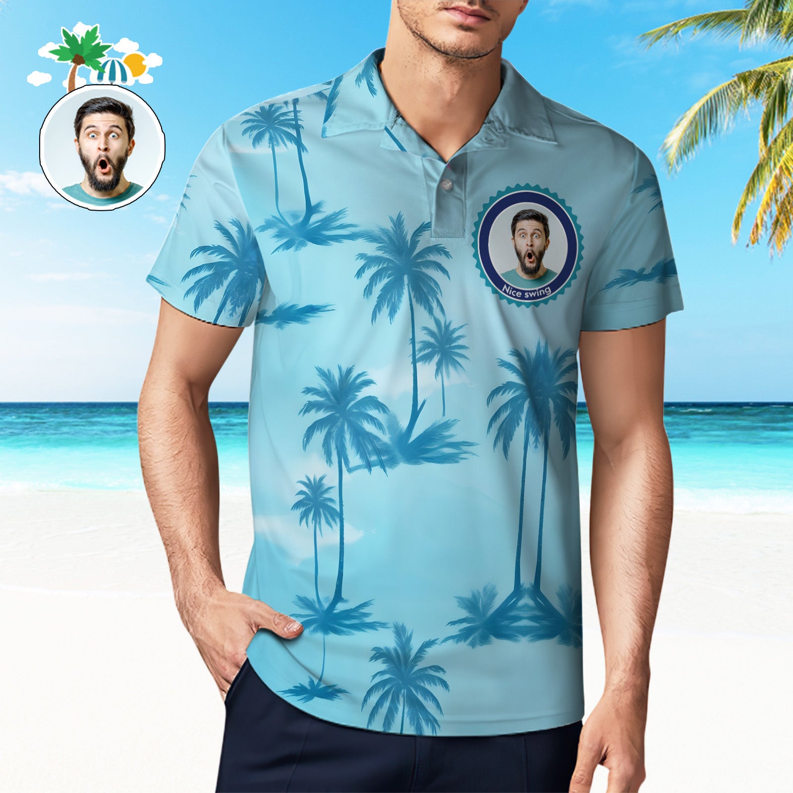 Custom Face Polo Shirt Personalized Blue Coconut Tree Polo Shirt
