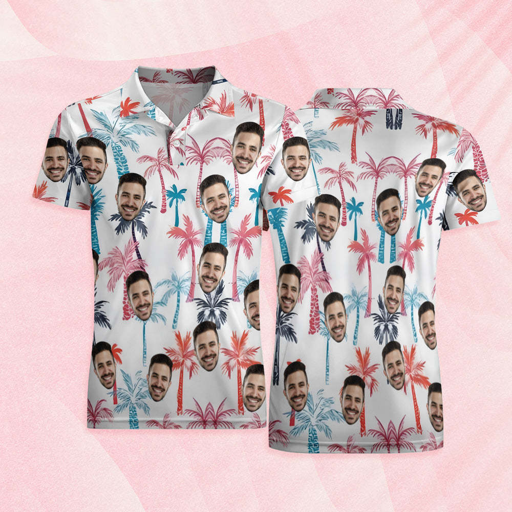 Custom Men's Hawaiian Face Polo Shirt Multicolor Coconut Tree Polo Shirt - MyFaceSocks