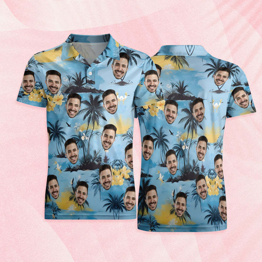 Custom Men's Hawaiian Polo Shirts Short Sleeve Tropical Yellow Flowers and Coconut Tree Golf Shirt - MyFaceSocks