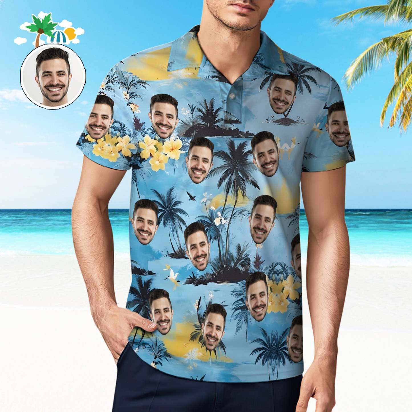 Custom Men's Hawaiian Polo Shirts Short Sleeve Tropical Yellow Flowers and Coconut Tree Golf Shirt - MyFaceSocks