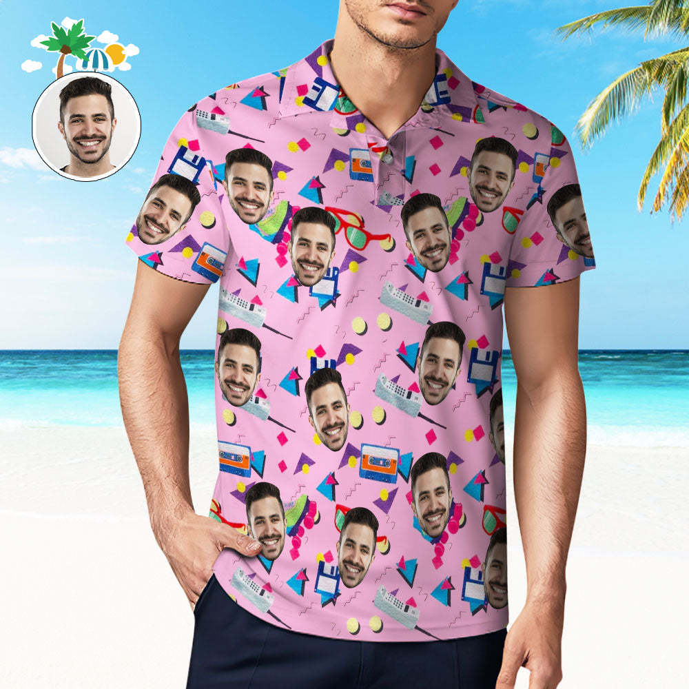 Custom Mens Face Hawaiian Polo Shirt Pink Party Style Polo Shirt - MyFaceSocks
