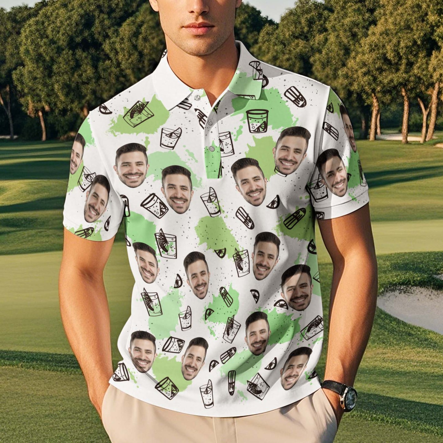 Custom Face Polo Shirt Wine Glasses Green Polo Shirt - MyFaceSocks