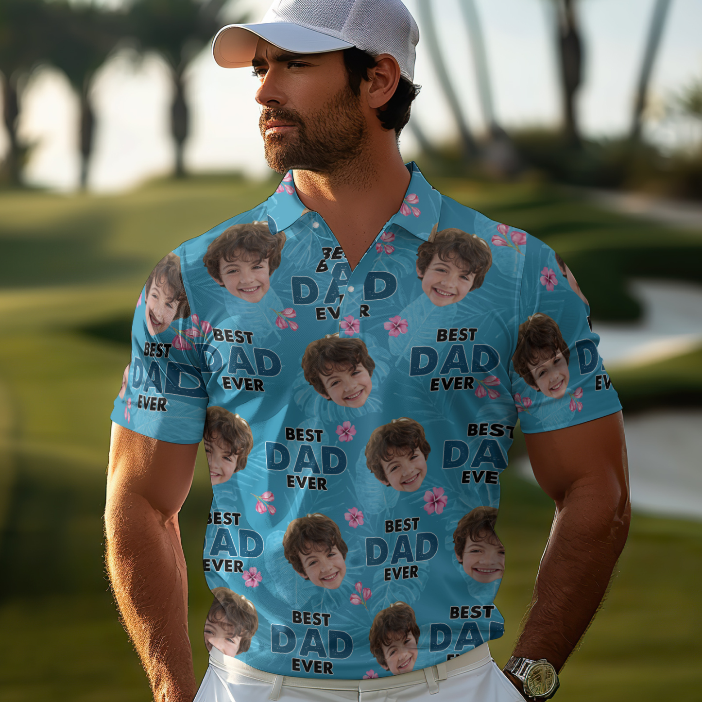 Custom Face Polo Hawaiian Blue Golf Polo Shirt Dad Beard Men's Polo Shirt Fathers Day Gift - MyFaceSocks