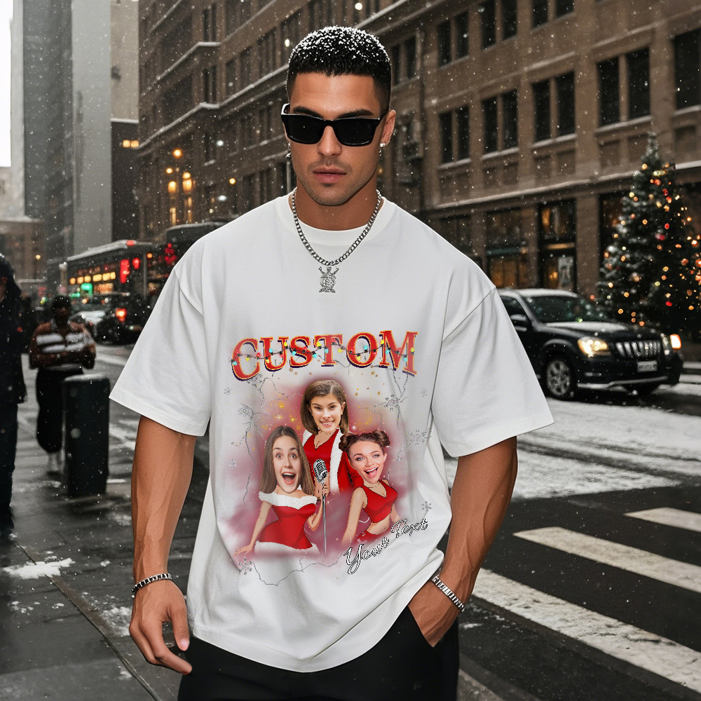 Custom Vintage Christmas T-Shirt with Photo Personalized Santa Light Shirt  Funny Holiday Tee Gift for Family & Friends