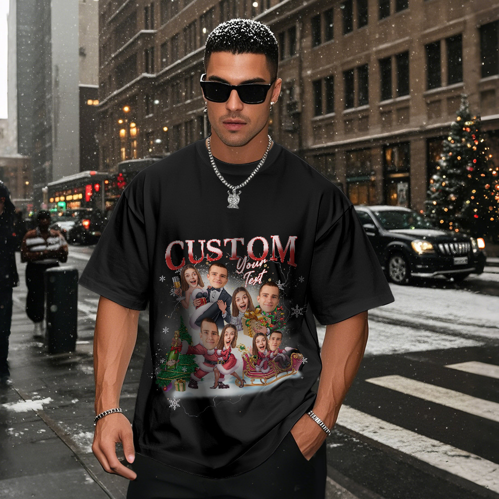 Custom Couple Portrait T-Shirt  Personalized Face Tee Matching Christmas Gift for Lovers